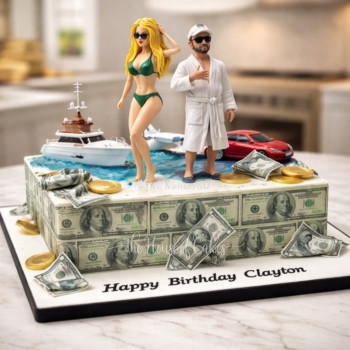 Customised cake with lady, man, yacht, plane, money and car