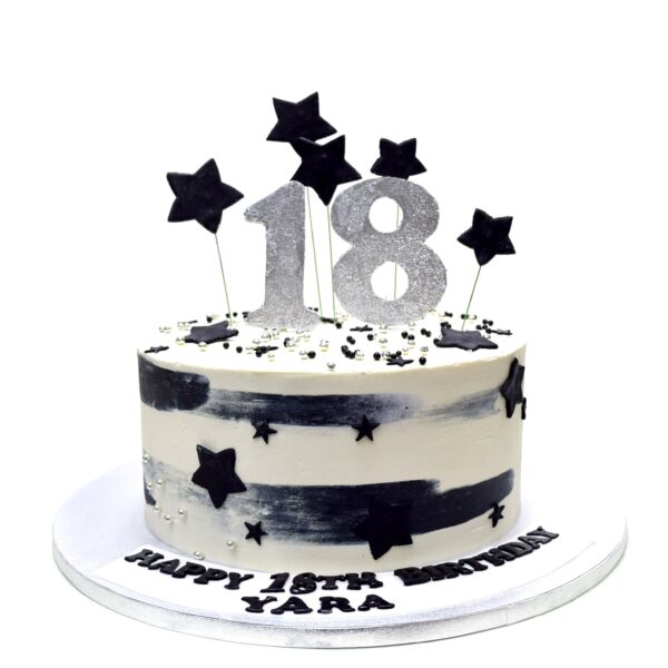 Black white silver 18th birthday cake