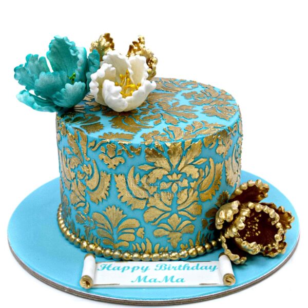 Blue and gold damask cake