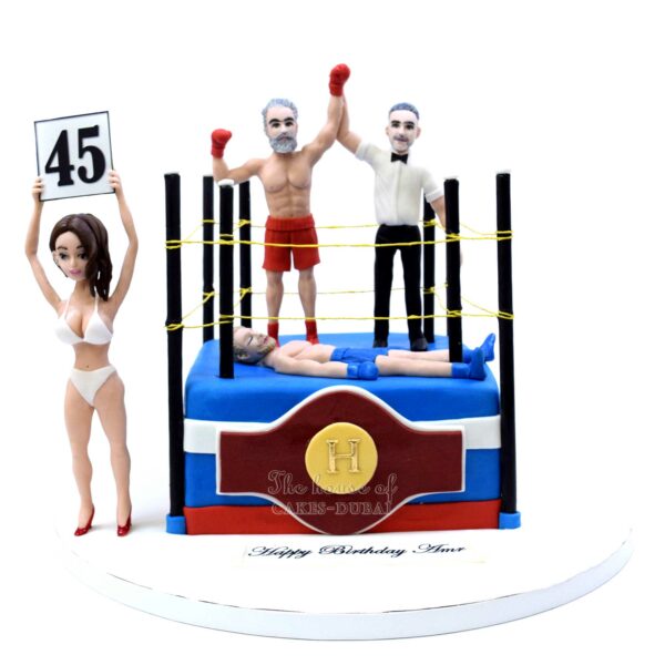 Boxing ring boxers and knockout cake