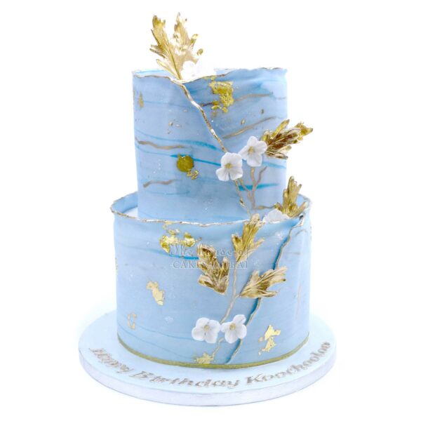 Blue and Gold Marble Cake with flowers