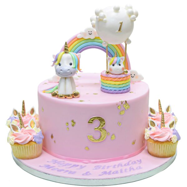 Cute Unicorns Cake with clouds rainbow and balloons