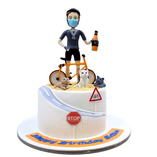 Cyclist Bicycle and Cats Cake