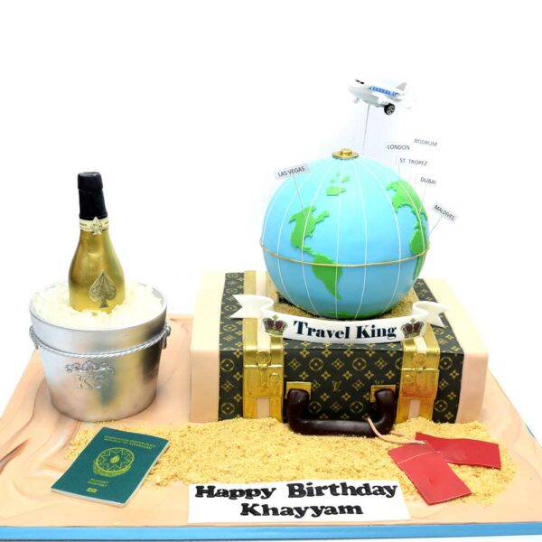 Louis Vuitton Suitcase, champagne and globe cake