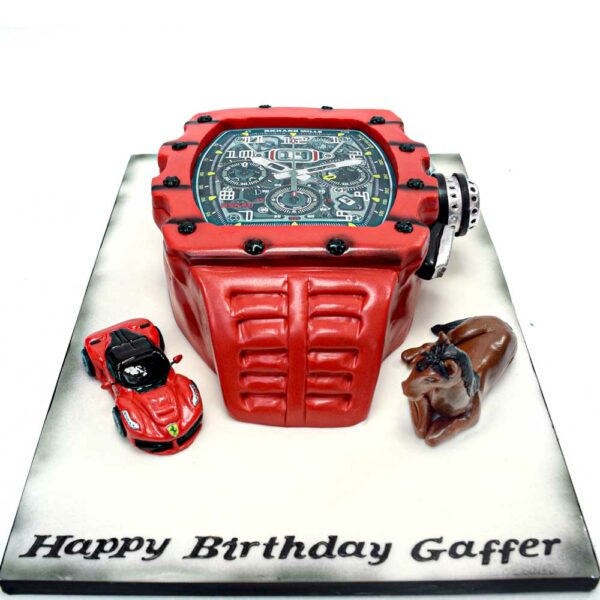 Watch cake with Ferrari and horse