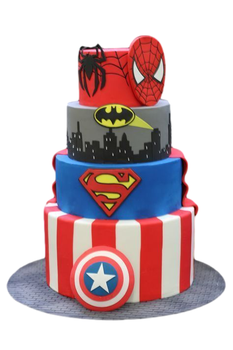 Batman, Superman and Spiderman superheroes cake