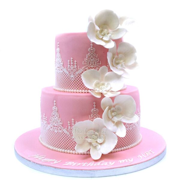 Pink Cake with white orchids