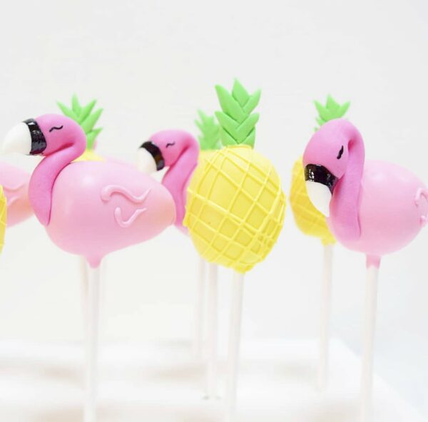 Tropical flamingo and pineapple shaped cake pops