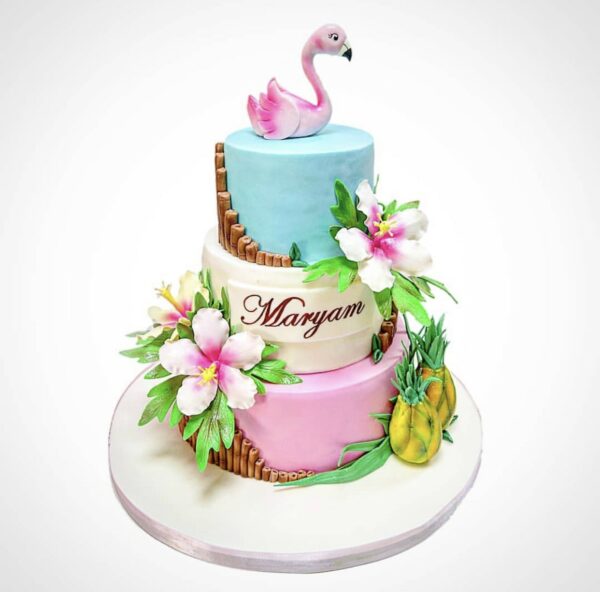 Tropical Hawaii theme cake with flamingo