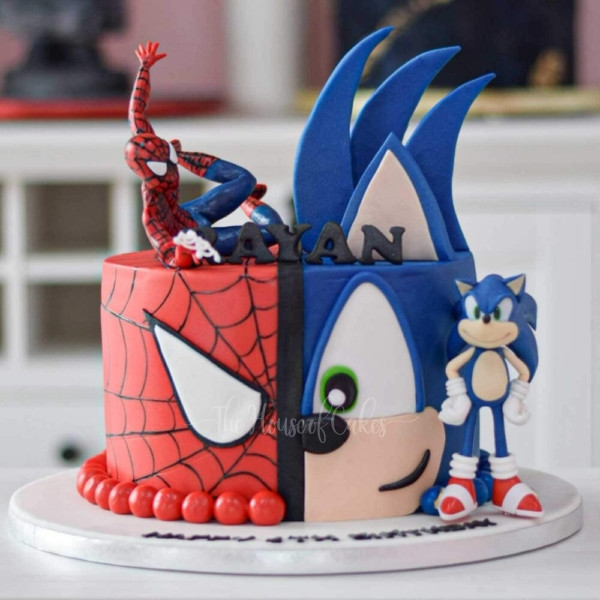 Half Spiderman Half Sonic Cake