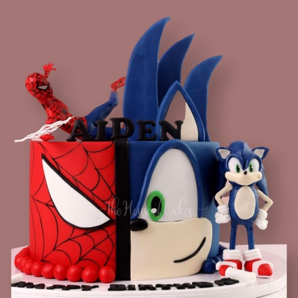 Half Spiderman Half Sonic Cake