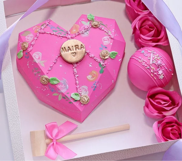 Bright pink chocolate heart cake