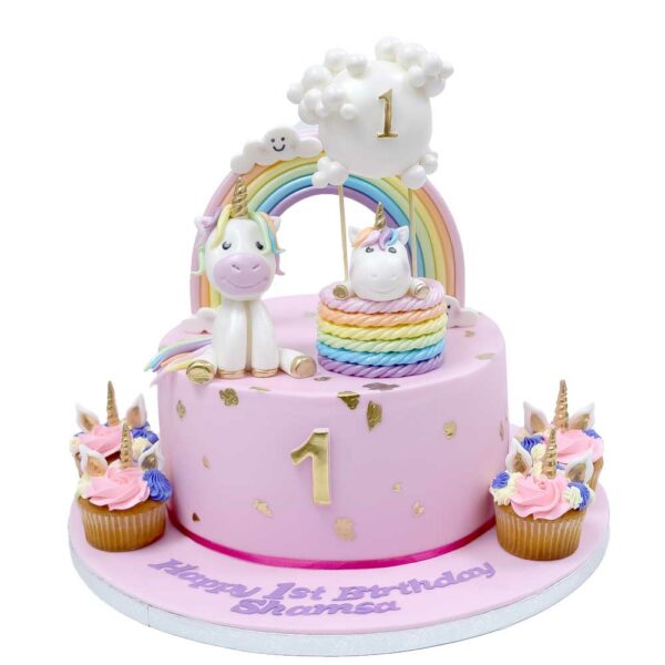 Unicorns and  rainbow cake and cupcakes