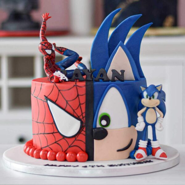 Half Spiderman Half Sonic Cake