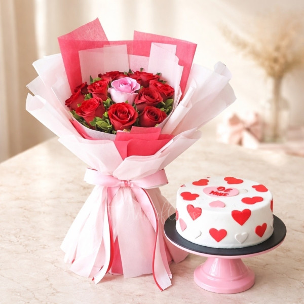 Valentine's day cake with hearts and roses bouquet combo in Dubai