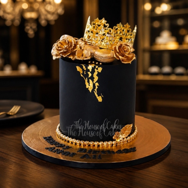 Black and gold cake with crown