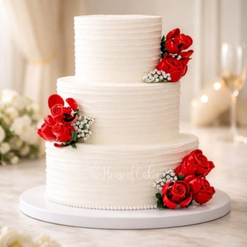 White cream cake with red roses