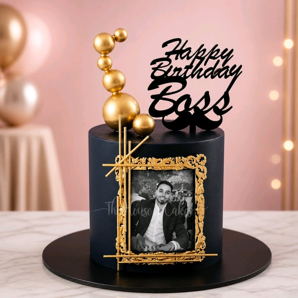 Cake with photo and gold balls - The House of Cakes Dubai