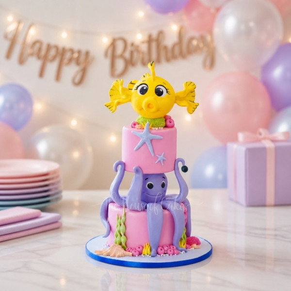 Gravity Defying Cake with Purple Octopus and Yellow Fish