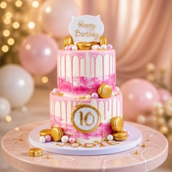 Pink Drip Cake with Gold Macaroons