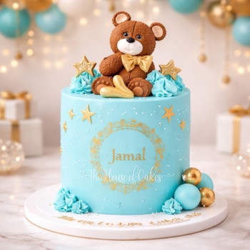 Blue and Gold Cake with Teddy Bear in Dubai