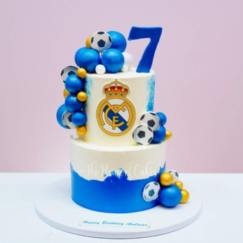real madrid themed cake with balls and numbers