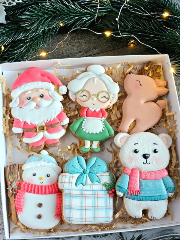 a box of christmas cookies with different shaped cookies