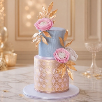 Gold and Silver Cake with Pretty Flowers in Dubai
