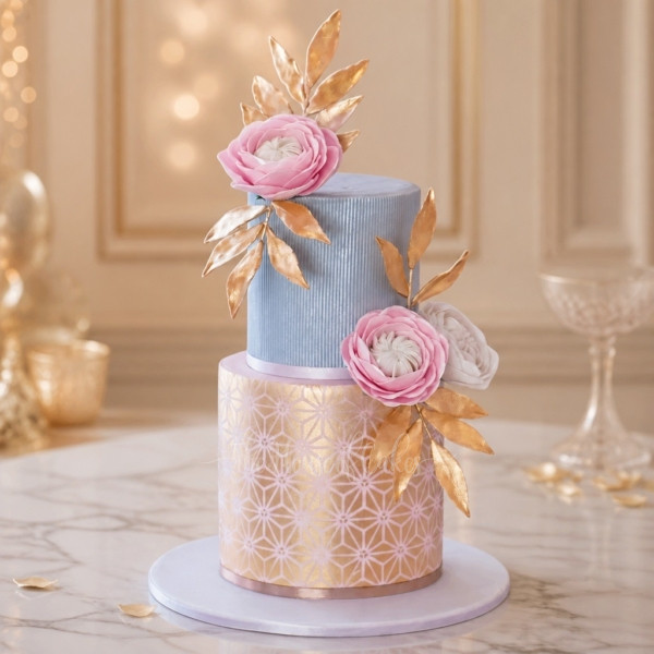 Gold and Silver Cake with Pretty Flowers in Dubai