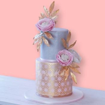 Indulgent Gold and Silver Cake with Pretty Flowers